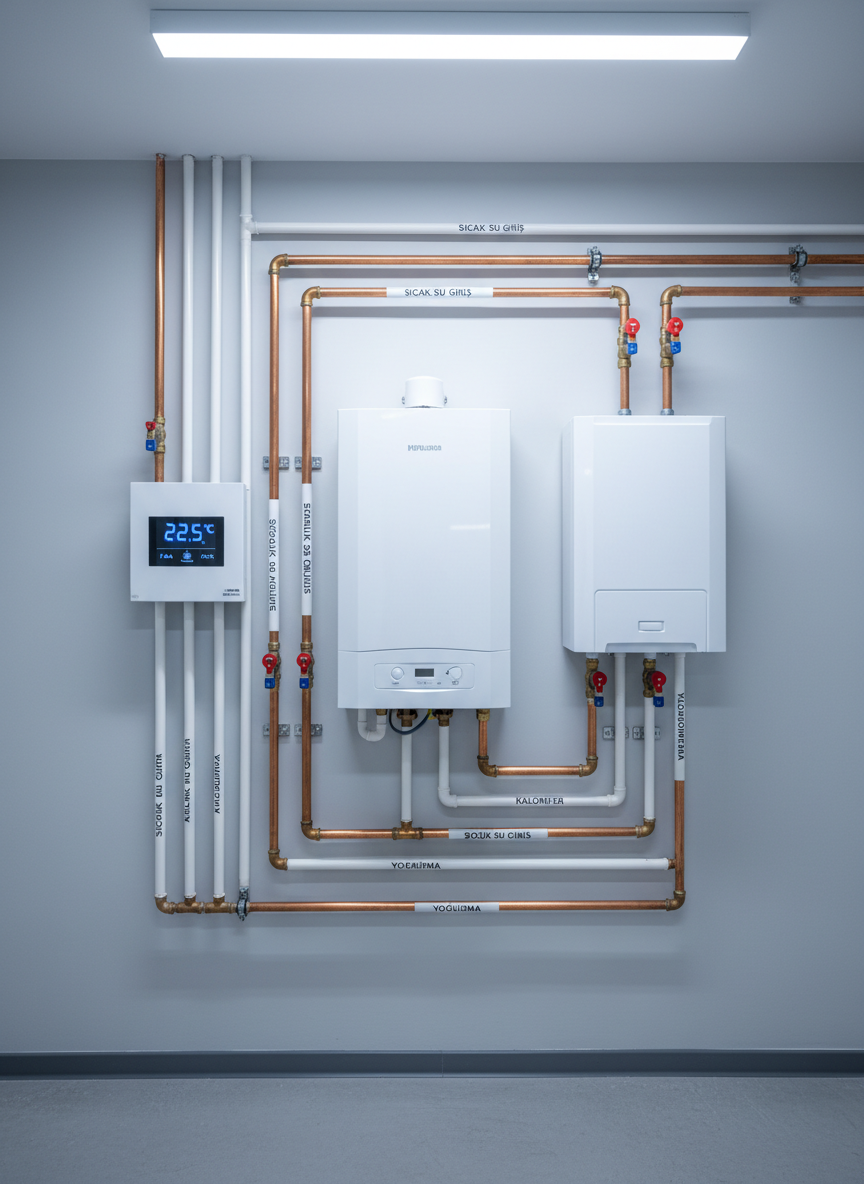 A meticulously arranged wall of modern heating and cooling equipment in a spotless technical service room, featuring a gleaming white condensing boiler, a compact combi unit, and a sleek digital thermostat panel with clear blue LED indicators. The units are mounted on a smooth light-gray wall with neatly organized copper and PEX piping running vertically and horizontally, all labeled and perfectly aligned. Cool, even overhead LED lighting creates a bright, shadow-free environment that emphasizes precision and cleanliness. Photographic realism, shot straight-on at eye level with sharp focus throughout, conveying a professional, trustworthy, and highly organized atmosphere suitable for a premium ısıtma-soğutma service provider in Ankara.