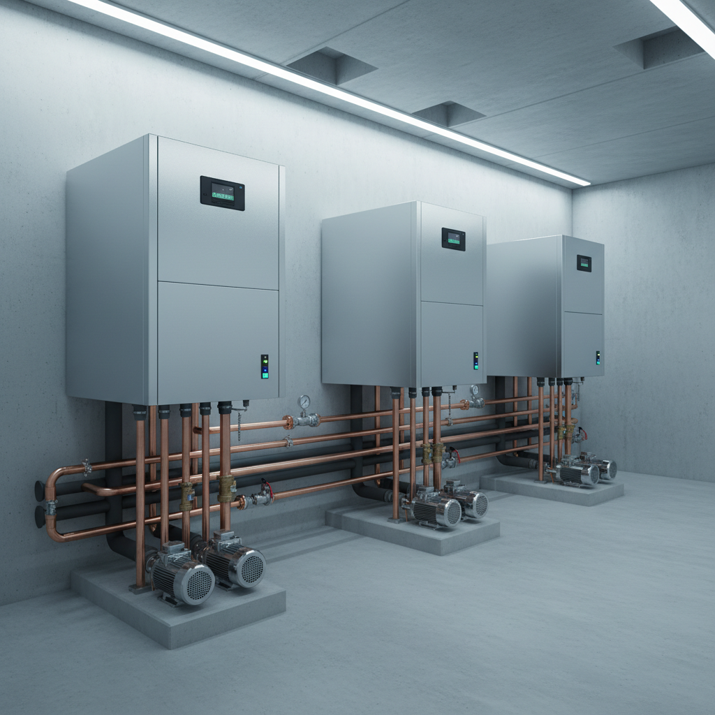 A sophisticated kalorifer kaskat system installation in a dedicated boiler room, showcasing three identical stainless-steel condensing boilers mounted in a perfect row on a pale concrete wall. Below them, a meticulously organized network of parallel copper headers, insulated return lines, circulation pumps, and safety valves runs horizontally, each component aligned with millimeter precision. The floor is smooth, sealed concrete with a faint matte sheen. Bright, cool-toned LED strip lights mounted above cast uniform illumination, highlighting the metallic textures and colored indicator lights on the units. Photographic realism, captured with a wide-angle lens from one corner of the room, providing full context and depth while emphasizing the professionalism and scalability of advanced kaskat solutions.