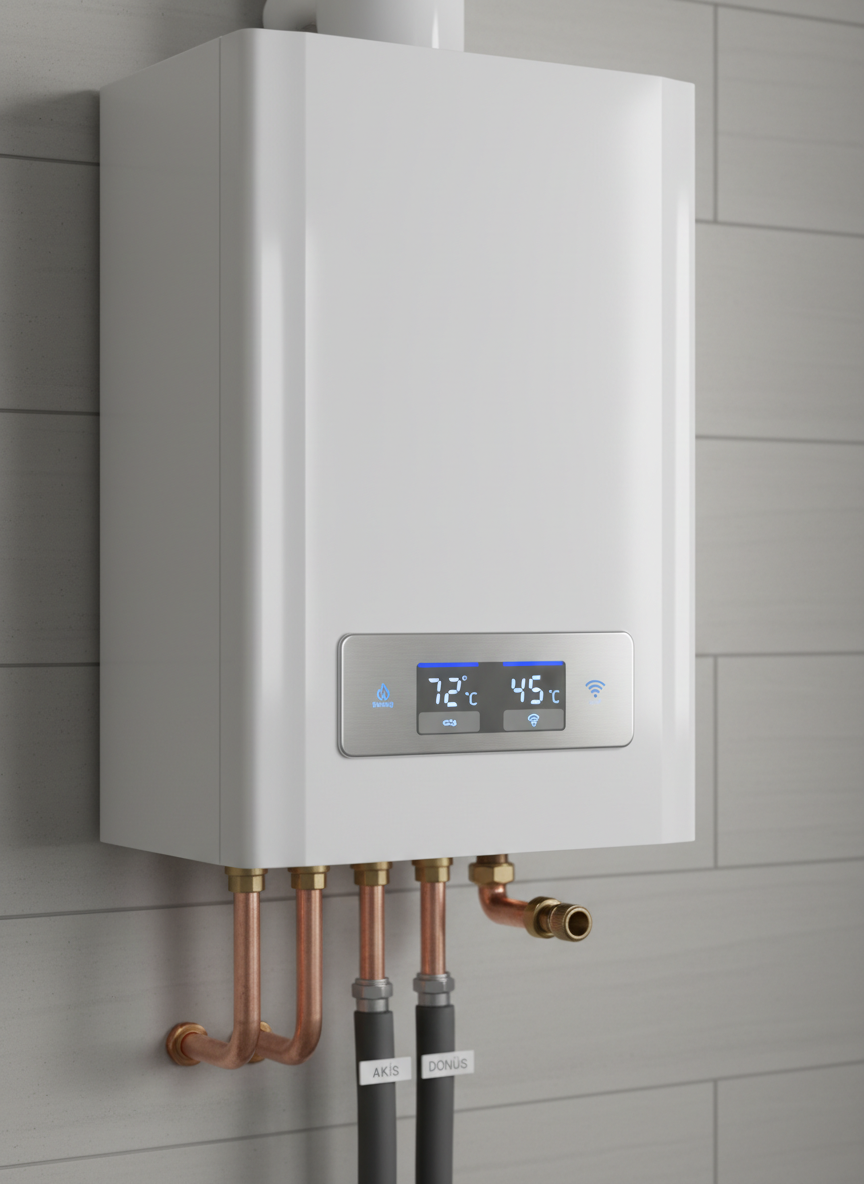 A close-up, highly detailed view of a premium white combi boiler mounted on a clean tiled wall, its brushed metal control panel displaying clear digital temperature readouts and status icons. Around it, meticulously bent copper pipes with flawless solder joints connect to insulated flow and return lines, each labeled with tidy tags. Soft, neutral studio-style lighting from the left creates gentle highlights on the boiler’s smooth surface and subtle reflections on the copper. The background falls slightly out of focus, using a shallow depth of field to keep attention on the boiler and pipework. Photographic realism, minimalist and technical, conveying reliability, precision, and expert bakım and onarım services.