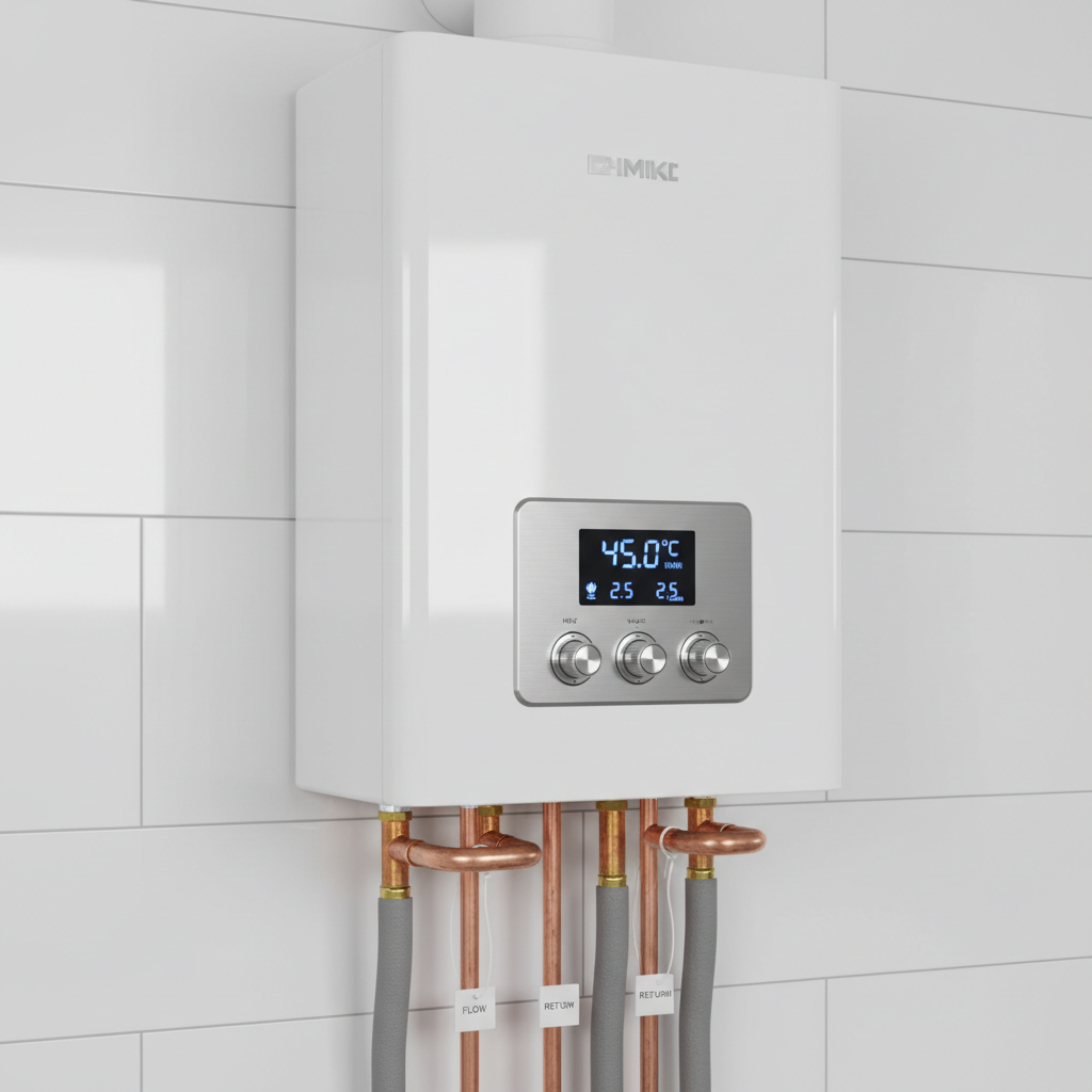 A close-up, highly detailed view of a premium white combi boiler mounted on a clean tiled wall, its brushed metal control panel displaying clear digital temperature readouts and status icons. Around it, meticulously bent copper pipes with flawless solder joints connect to insulated flow and return lines, each labeled with tidy tags. Soft, neutral studio-style lighting from the left creates gentle highlights on the boiler’s smooth surface and subtle reflections on the copper. The background falls slightly out of focus, using a shallow depth of field to keep attention on the boiler and pipework. Photographic realism, minimalist and technical, conveying reliability, precision, and expert bakım and onarım services.
