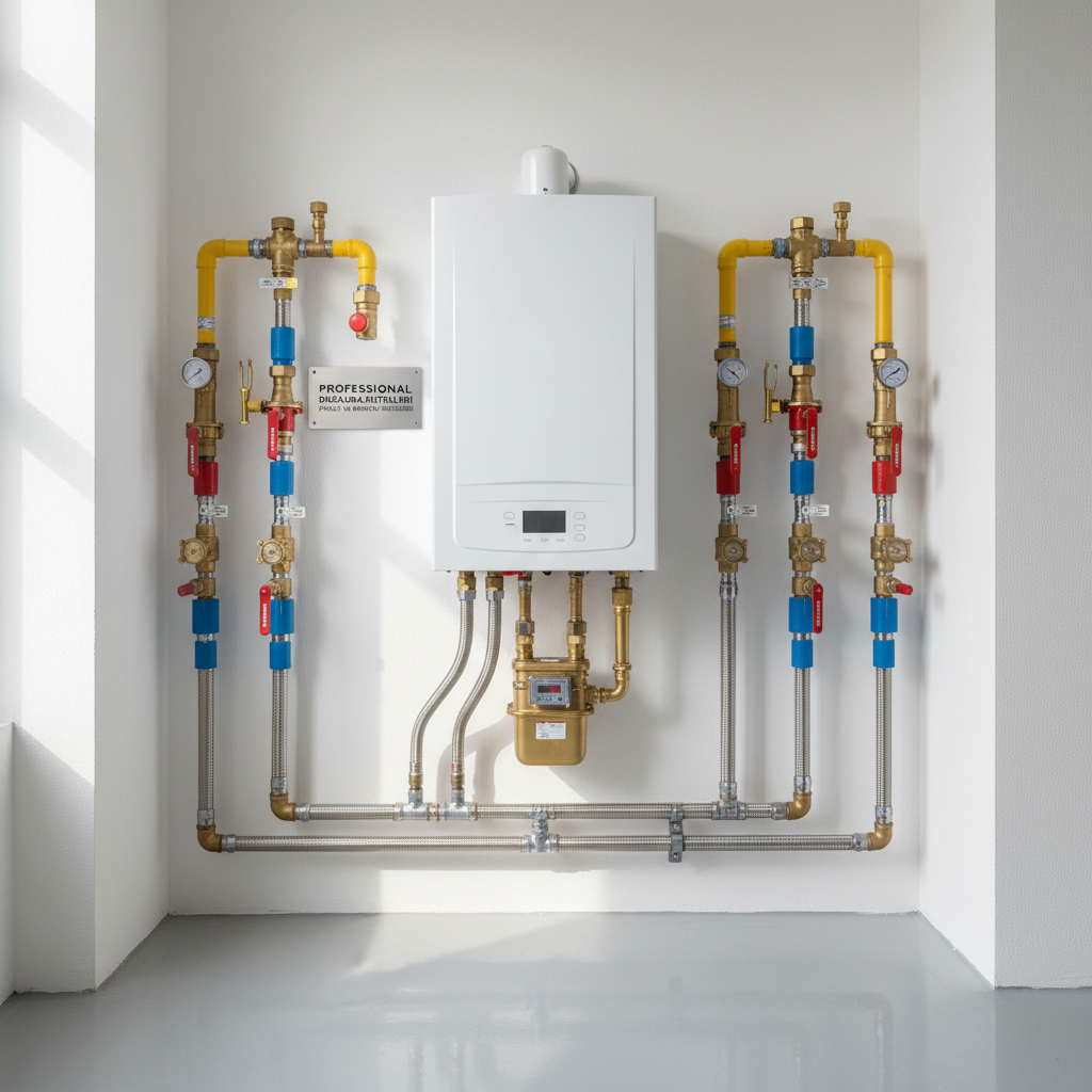 A neat, compact natural gas distribution and ısıtma tesisatı setup inside a small, newly finished mechanical niche, with a bright white condensing kazan as the centerpiece. Surrounding it are color-coded manifolds, insulated valves, and safety components, all arranged symmetrically against a pristine white plaster wall. The floor is light gray epoxy, reflecting a bit of the equipment’s forms. Soft diffused overcast light from an implied window outside the frame washes the scene, creating an even, calm illumination with minimal harsh shadows. Photographic realism, shot from a slightly elevated angle with rule-of-thirds composition, conveying a sense of modern engineering, safety, and professional project planning services for doğalgaz systems.