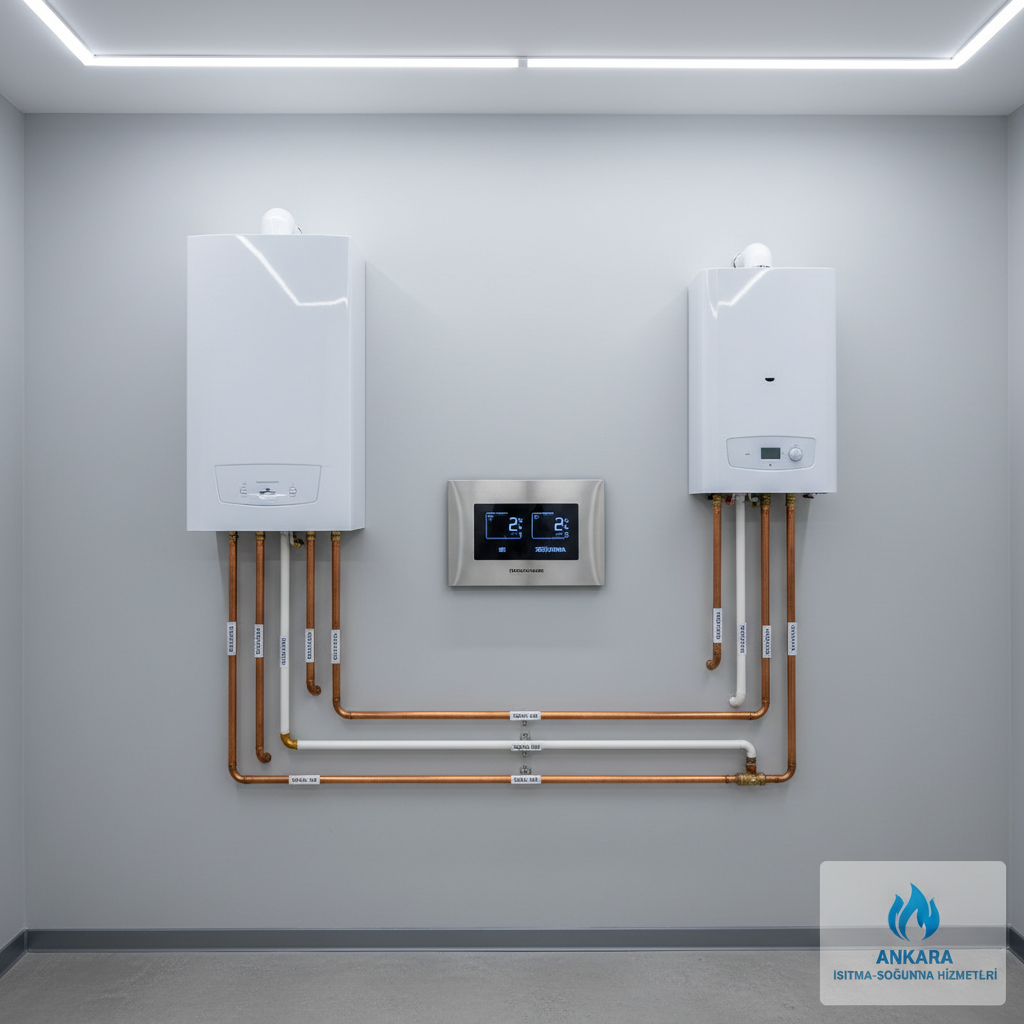A meticulously arranged wall of modern heating and cooling equipment in a spotless technical service room, featuring a gleaming white condensing boiler, a compact combi unit, and a sleek digital thermostat panel with clear blue LED indicators. The units are mounted on a smooth light-gray wall with neatly organized copper and PEX piping running vertically and horizontally, all labeled and perfectly aligned. Cool, even overhead LED lighting creates a bright, shadow-free environment that emphasizes precision and cleanliness. Photographic realism, shot straight-on at eye level with sharp focus throughout, conveying a professional, trustworthy, and highly organized atmosphere suitable for a premium ısıtma-soğutma service provider in Ankara.