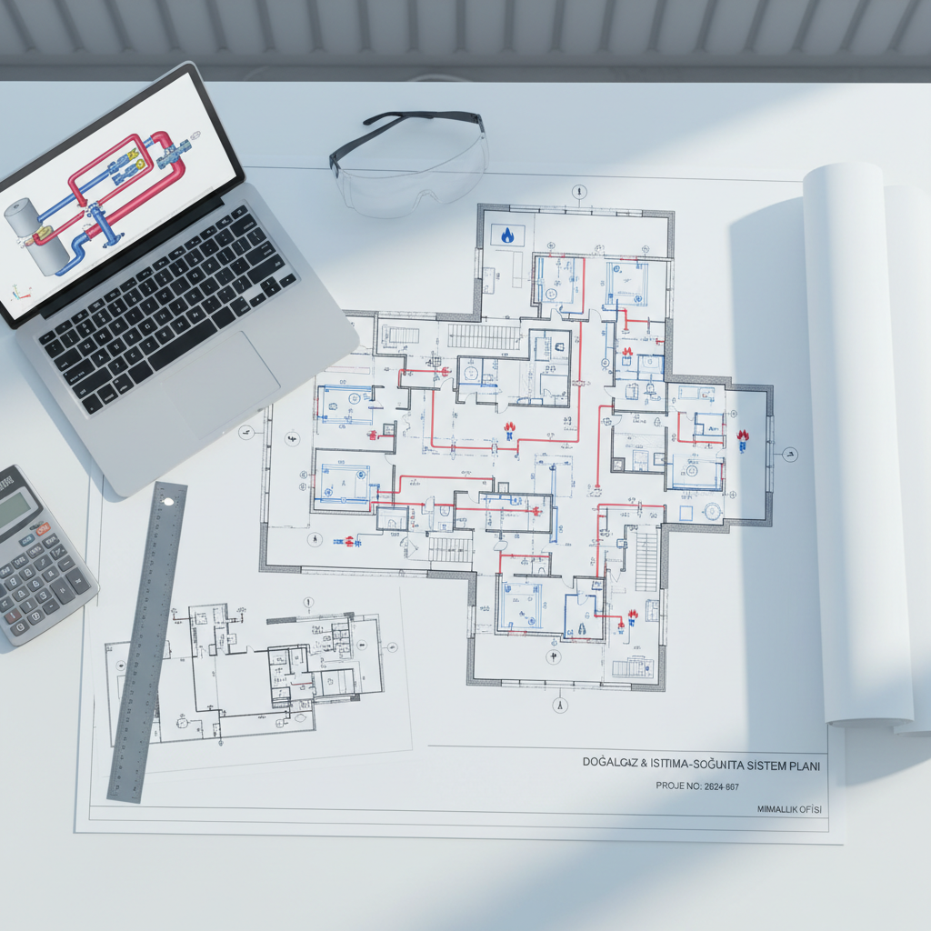 A detailed overhead view of a technical project workstation dedicated to doğalgaz and ısıtma-soğutma system planning, featuring a large, clean white desk with neatly spread architectural blueprints of a building’s mechanical layout. On the plans, crisp lines indicate boiler locations, gas piping routes, and radiator circuits, marked with precise technical symbols. Nearby sit a silver laptop displaying a schematic diagram, a metal ruler, a calculator, and a pair of safety goggles. Soft, cool daylight from a nearby window illuminates the workspace, creating gentle shadows and clear visibility of every line. Photographic realism, top-down composition with sharp focus, conveying an analytical, professional, and organized atmosphere that reflects expert proje and danışmanlık services.